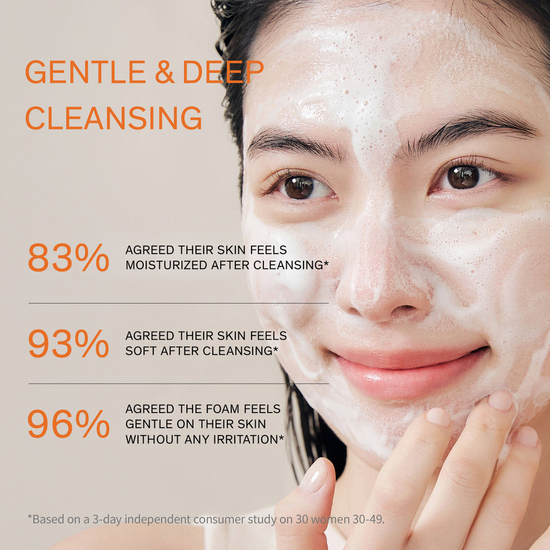 Person with cleanser on face and text about cleansing benefits