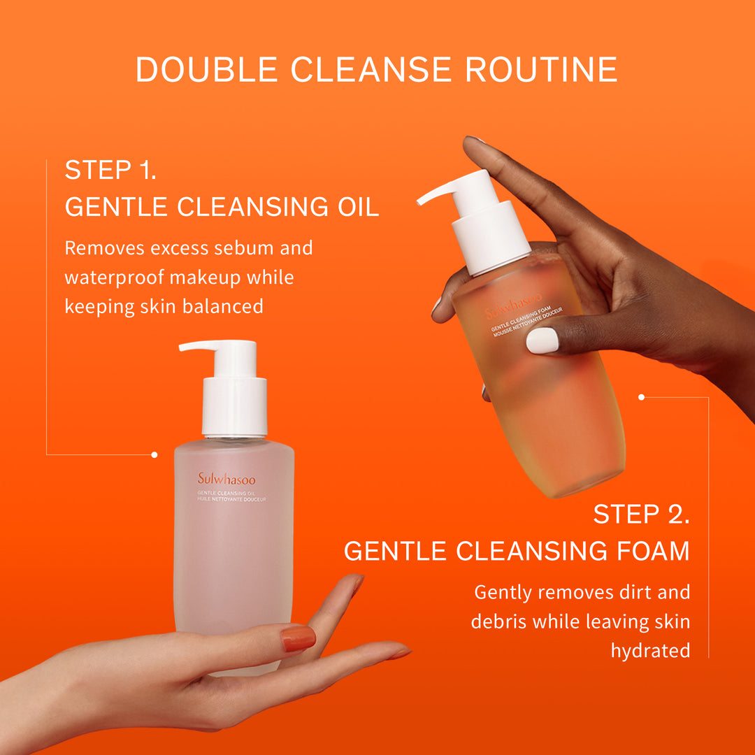 Sulwhasoo Gentle Cleansing Oil, Sulwhasoo Gentle Cleansing Foam, korean oil cleanser, facial cleanser, hands holding product, two step cleansing routine