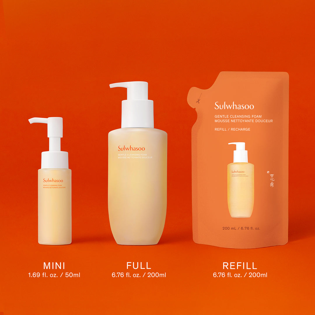 Sulwhasoo Gentle Cleansing Foam in mini, full, and refill sizes on an orange background