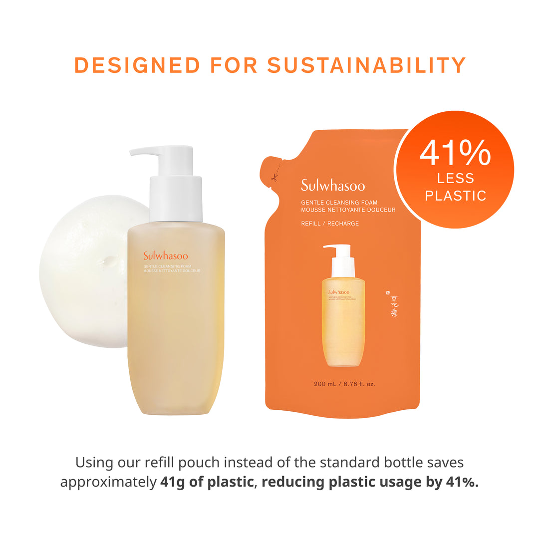 Sulwhasoo product packaging with a refill pouch and text highlighting sustainability.