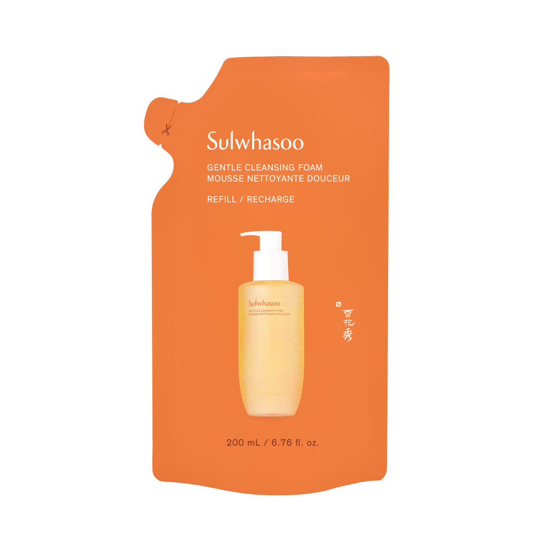 Packaging of Sulwhasoo Gentle Cleansing Foam Refill with a orange and white color scheme and product information.