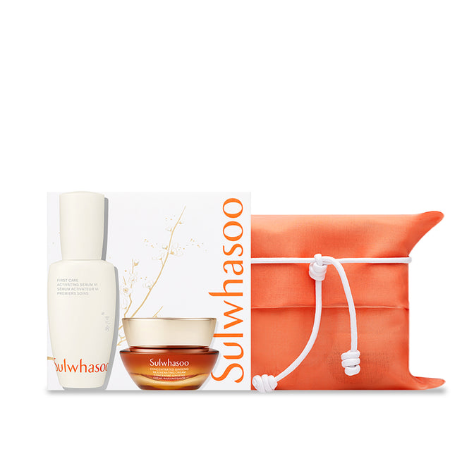 Sulwhasoo skincare products including a serum, cream, and pouch on a white background