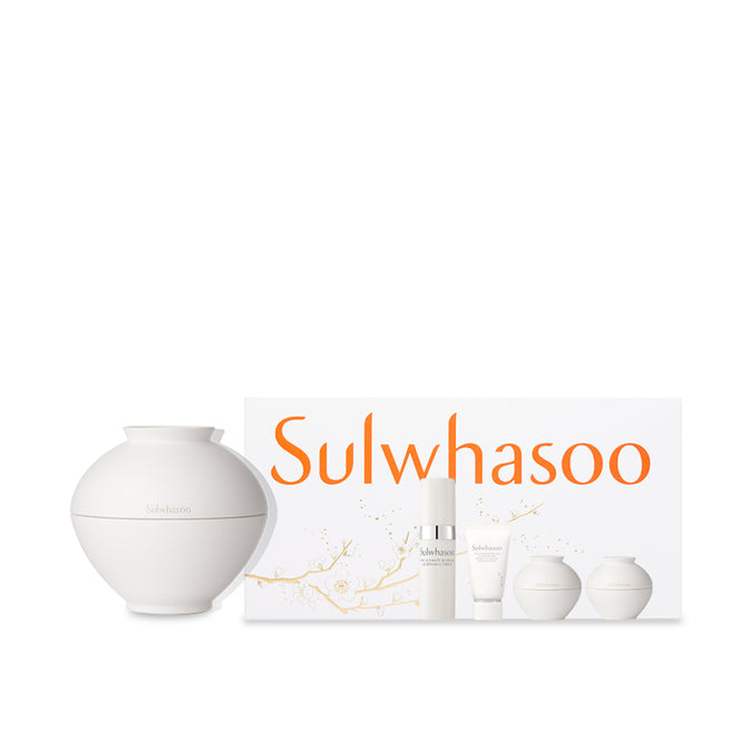Sulwhasoo skincare product set with a white vase on a white background