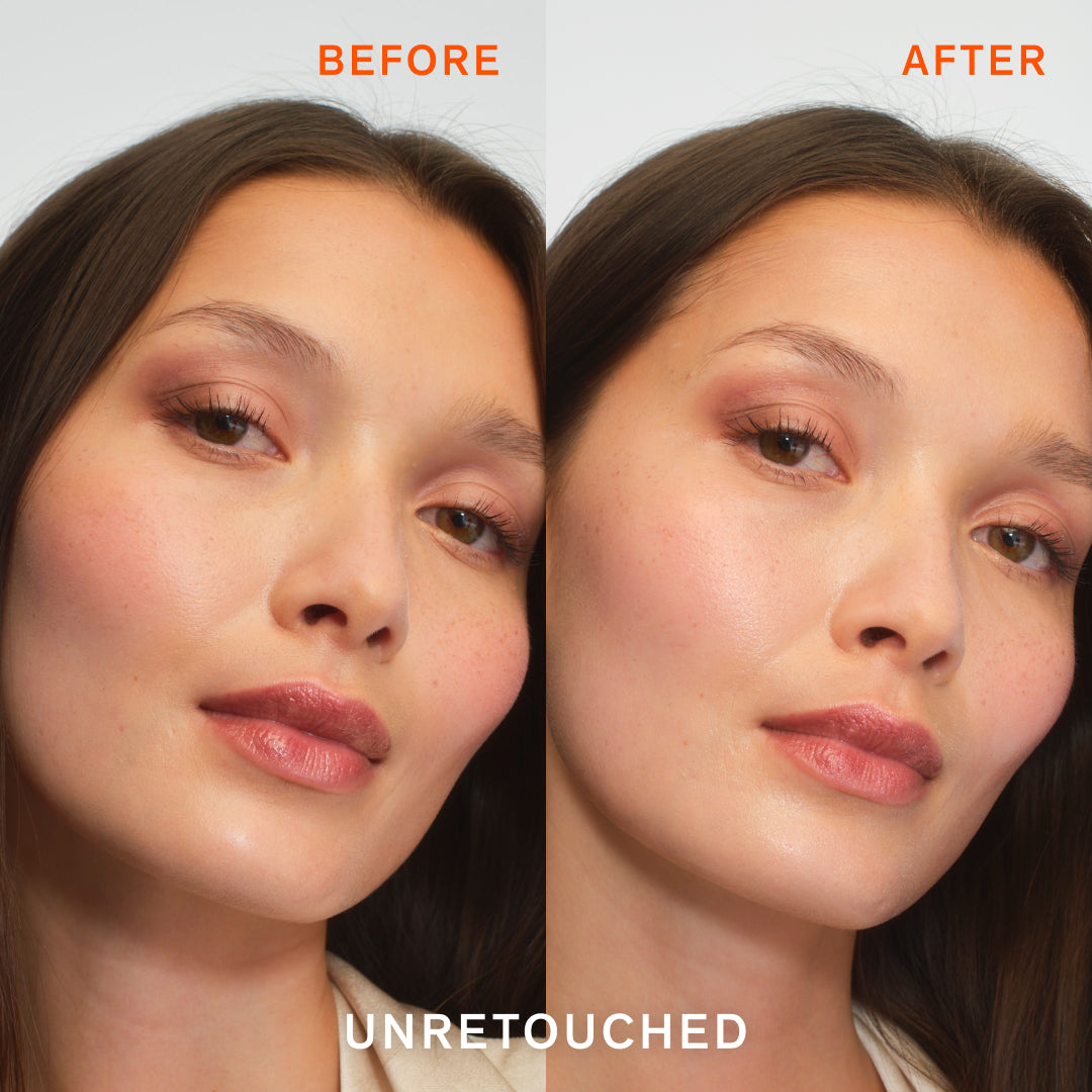 Unretouched before and after images of applying UV Wise On-The-Go Sun Cushion