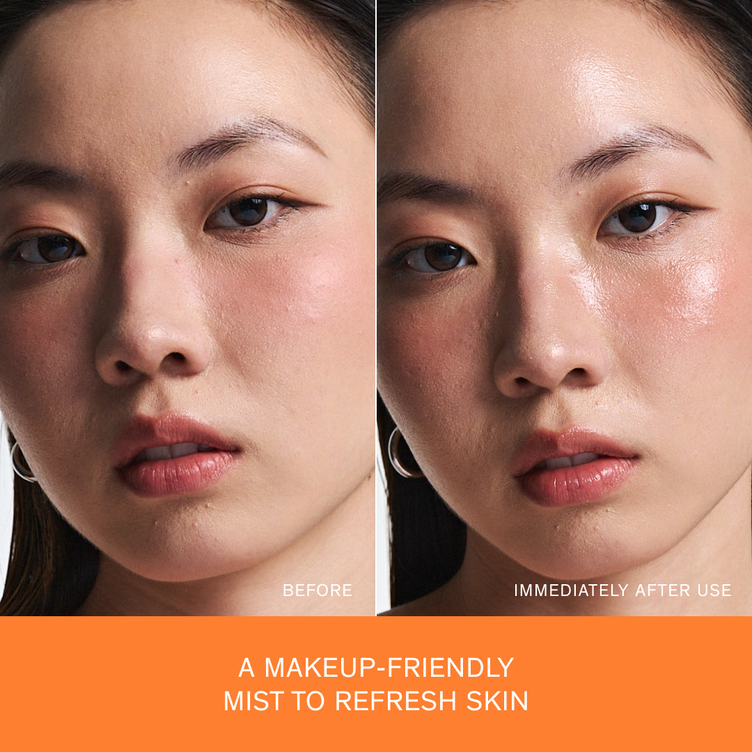 Before-and-after split comparison of model's face with makeup
