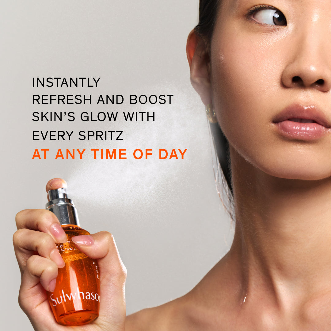 Model is holding the mist bottle. Text on the left reads, 'INSTANTLY REFRESH AND BOOST SKIN'S GLOW WITH EVERY SPRITZ AT ANY TIME OF DAY.'