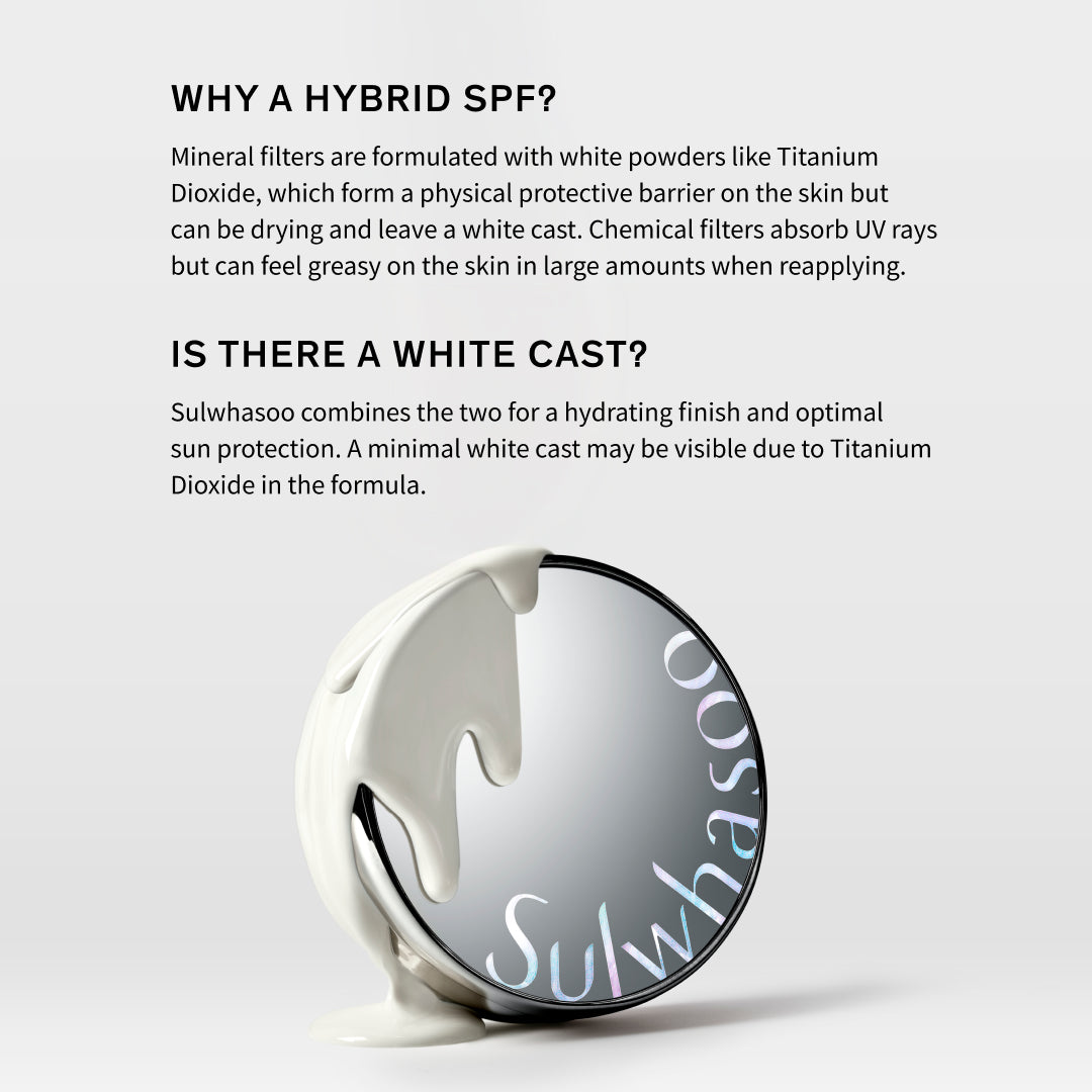 Sulwhasoo product with text explaining hybrid SPF and white cast