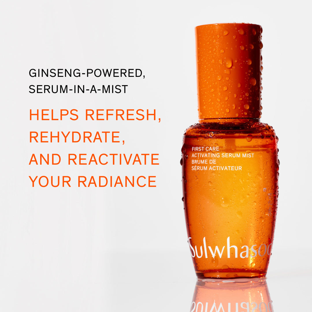 An amber glass serum-in-a-mist bottle with water droplets, shown next to promotional text on a light gray background. The text reads: 'GINSENG-POWERED, SERUM-IN-A-MIST HELPS REFRESH, REHYDRATE, AND REACTIVATE YOUR RADIANCE'.