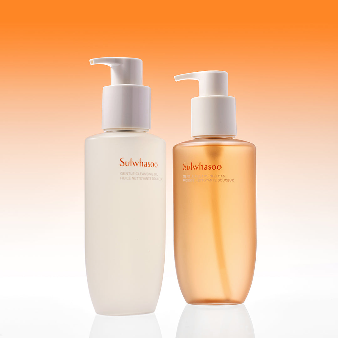 Sulwhasoo,Gentle Cleansing Oil and Gentle Cleansing Foam on orange gradient background