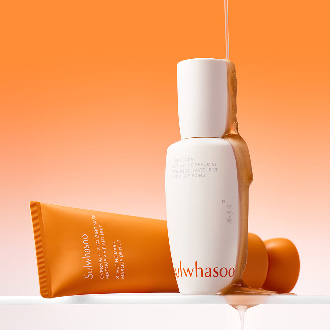 Sulwhasoo First Care Activating Serum VI and Overnight Vitalizing Mask on orange gradient background 