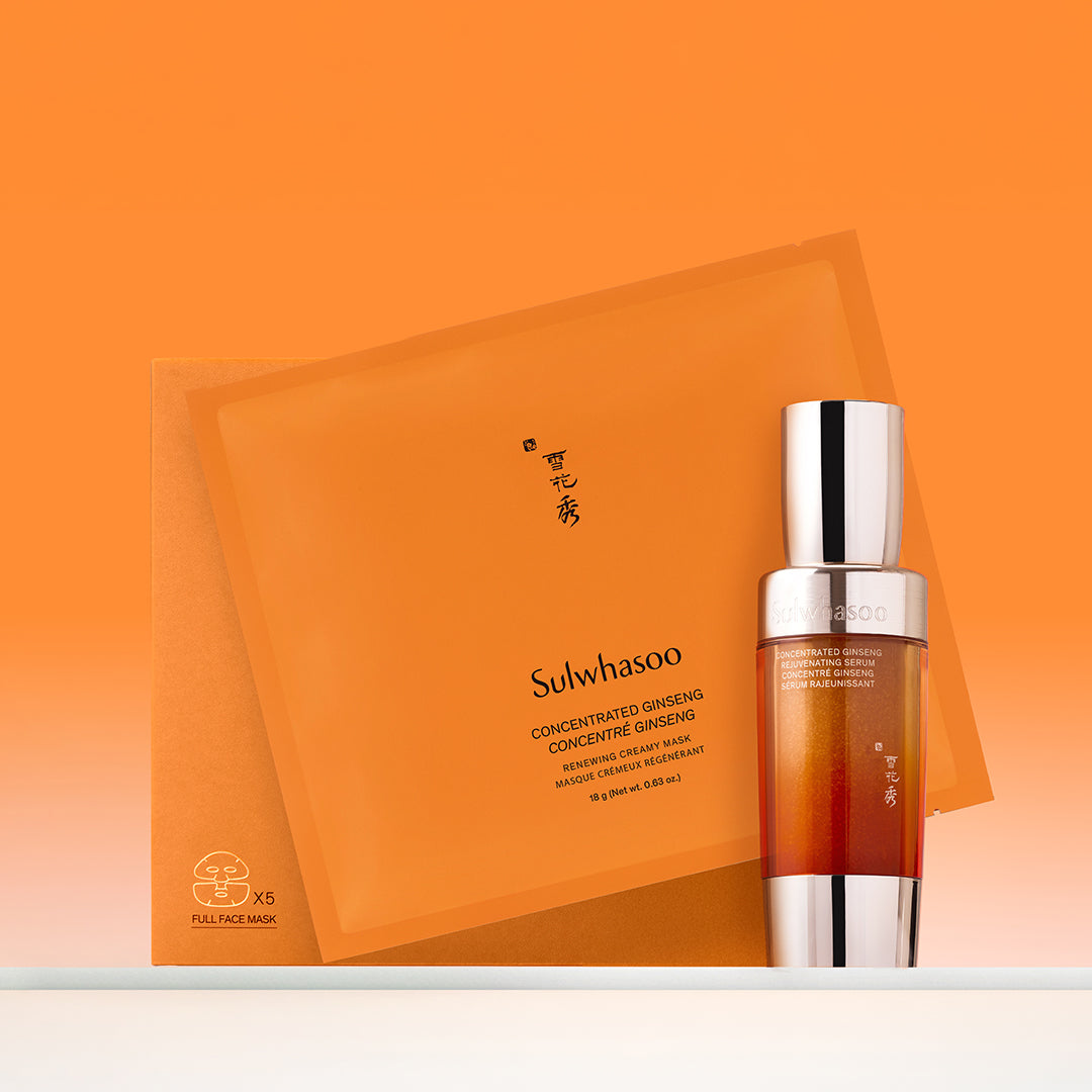 Sulwhasoo Concentrated Ginseng Rejuvenating Serum and Concentrated Ginseng Renewing Creamy Mask on an orange gradient background.