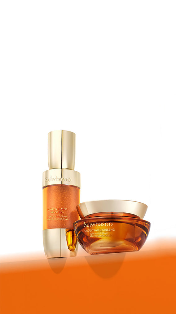 Sulwhasoo Concentrated Ginseng Renewing Serum and Cream on orange gradient background