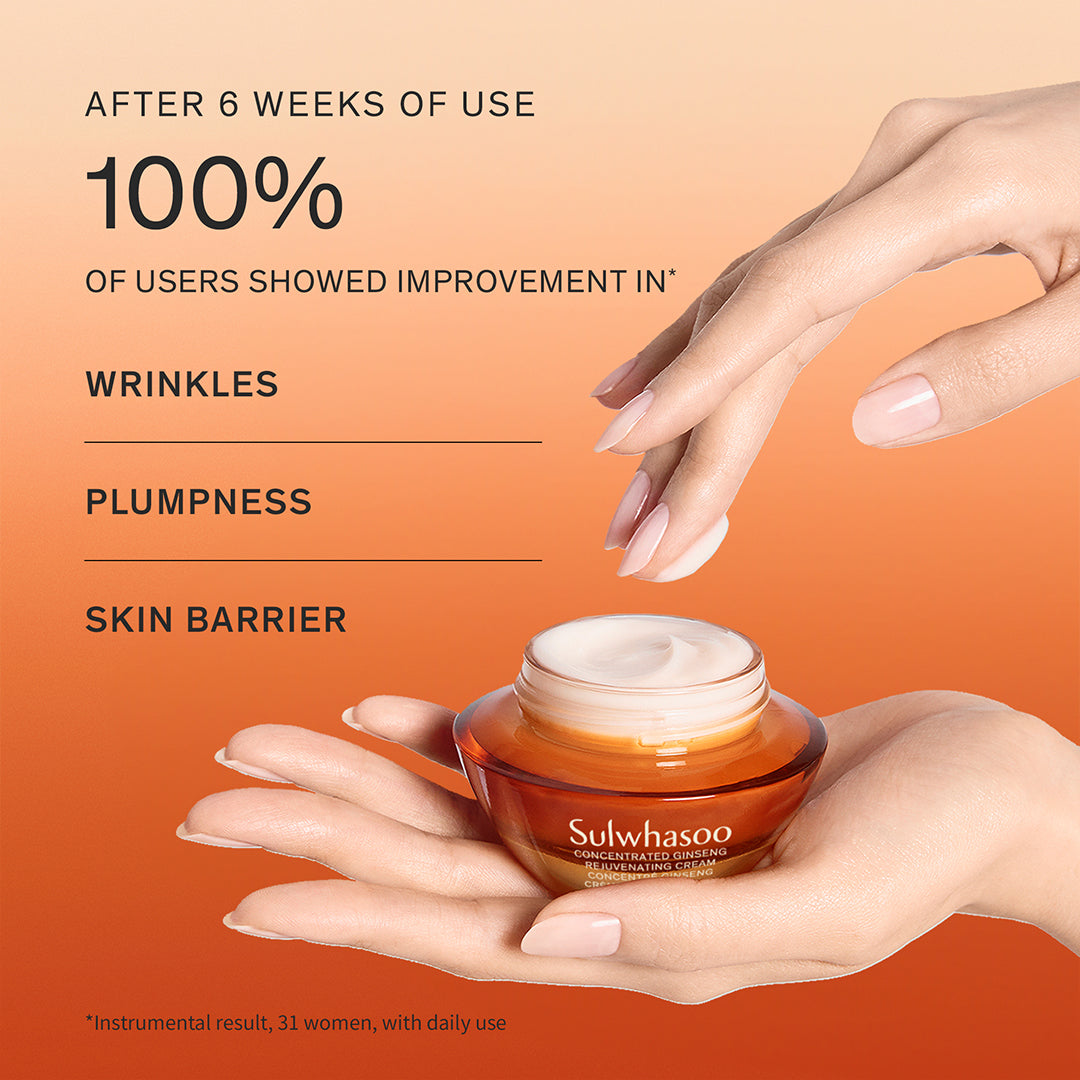 Sulwhasoo cream jar with a hand holding it against an orange background, showing improvement claims.