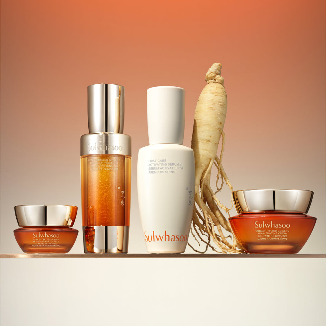 Concentrated Ginseng Rejuvenating Cream, korean cream, product shot with serum and ginseng