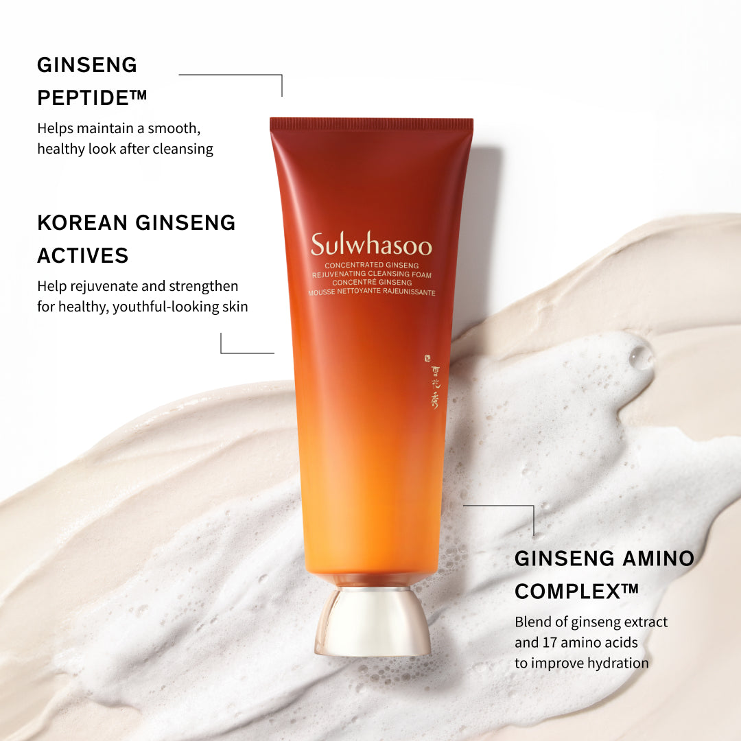 Concentrated Ginseng Rejuvenating Cleansing Foam, infographic on Ginseng Peptide, Korean Ginseng Actives, and Ginseng Amino Complex