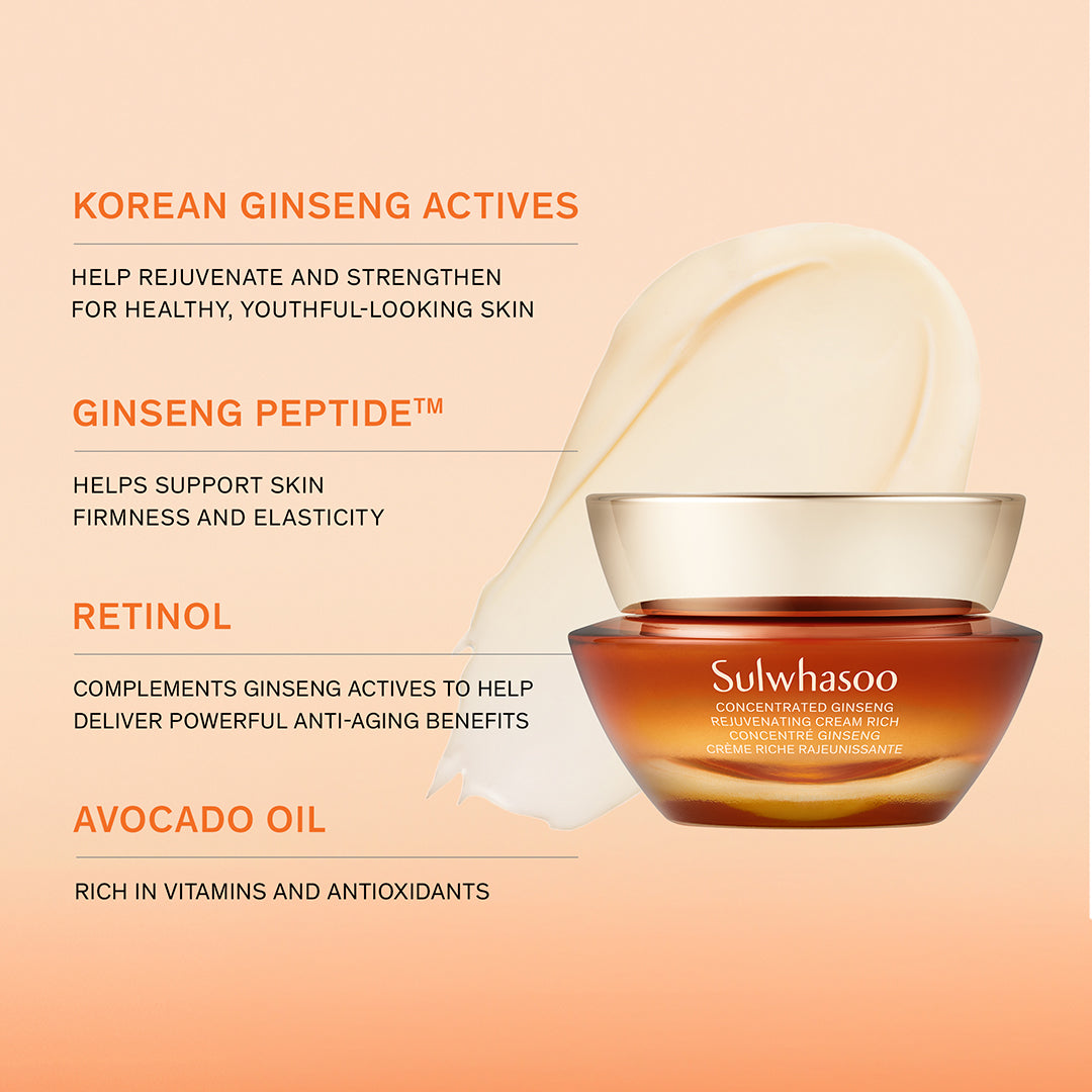 Sulwhasoo skincare product with ingredients listed on a peach background