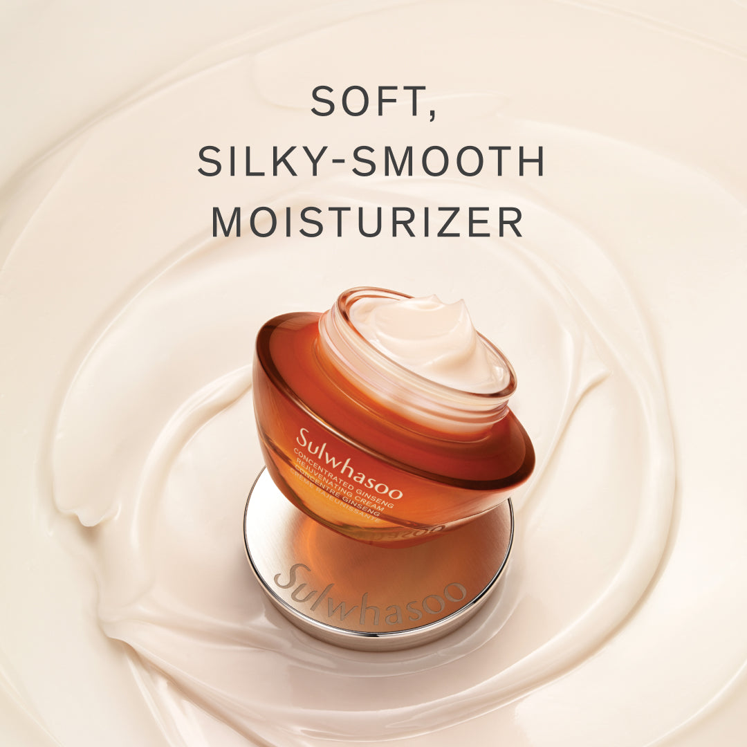 Concentrated Ginseng Rejuvenating Cream, texture swatch with text "soft, silky-smooth moisturizer"