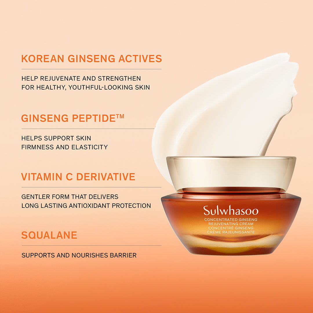 Sulwhasoo skincare product with whipped cream on a peach background, featuring Korean Ginseng Actives.