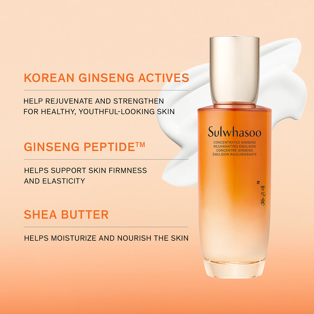 Concentrated Ginseng Rejuvenating Emulsion product with text about Korean Ginseng Actives on a peach background