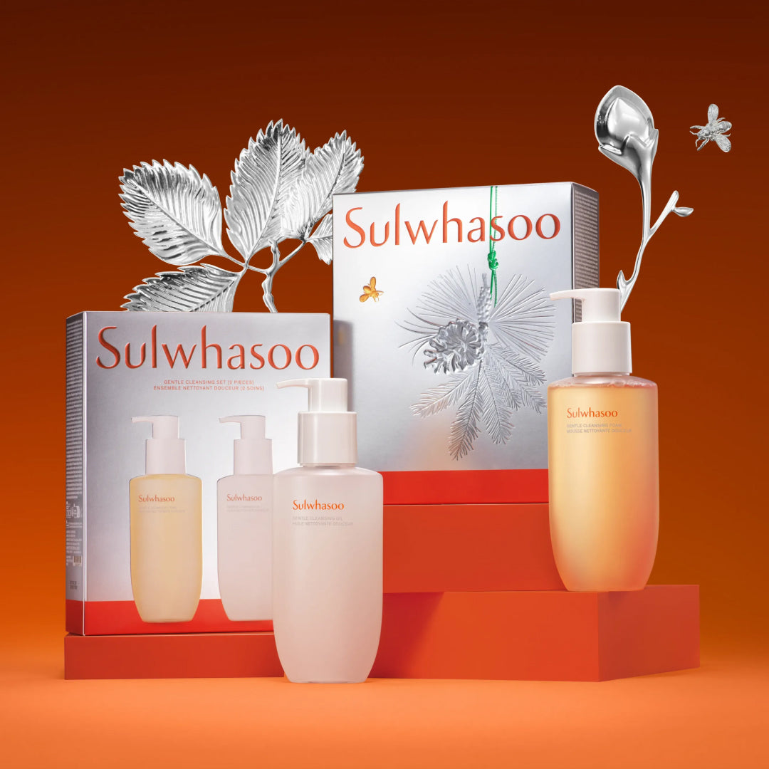stylized shot of Cleansing Duo Set on amber background