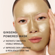 Enlarge image of Model wearing the sheet mask, with text on the left reading &amp;#39;GINSENG-POWERED MASK&amp;#39; and bullet points about smoothing wrinkles and improving skin firmness.