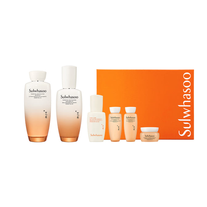Sulwhasoo skincare product set with bottles and a box on a white background