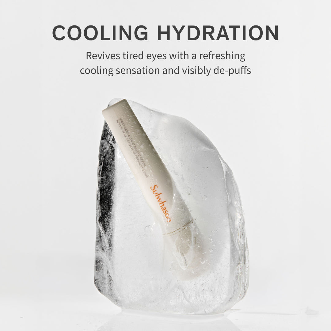 First Care Activating Eye Serum inside an ice block to highlight its cooling sensation 
