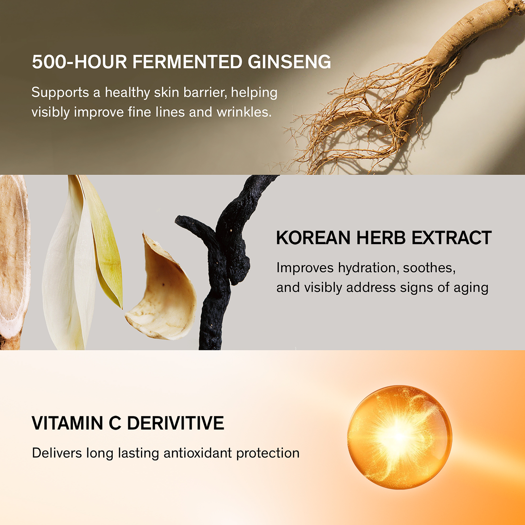 Ingredient focus of First Care Activating Serum, 500-hour fermented ginseng, korean herb extract, and vitamin c derivitive