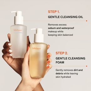 Sulwhasoo Gentle Cleansing Oil, Sulwhasoo Gentle Cleansing Foam, korean oil cleanser, facial cleanser, hands holding product, two step cleansing routine