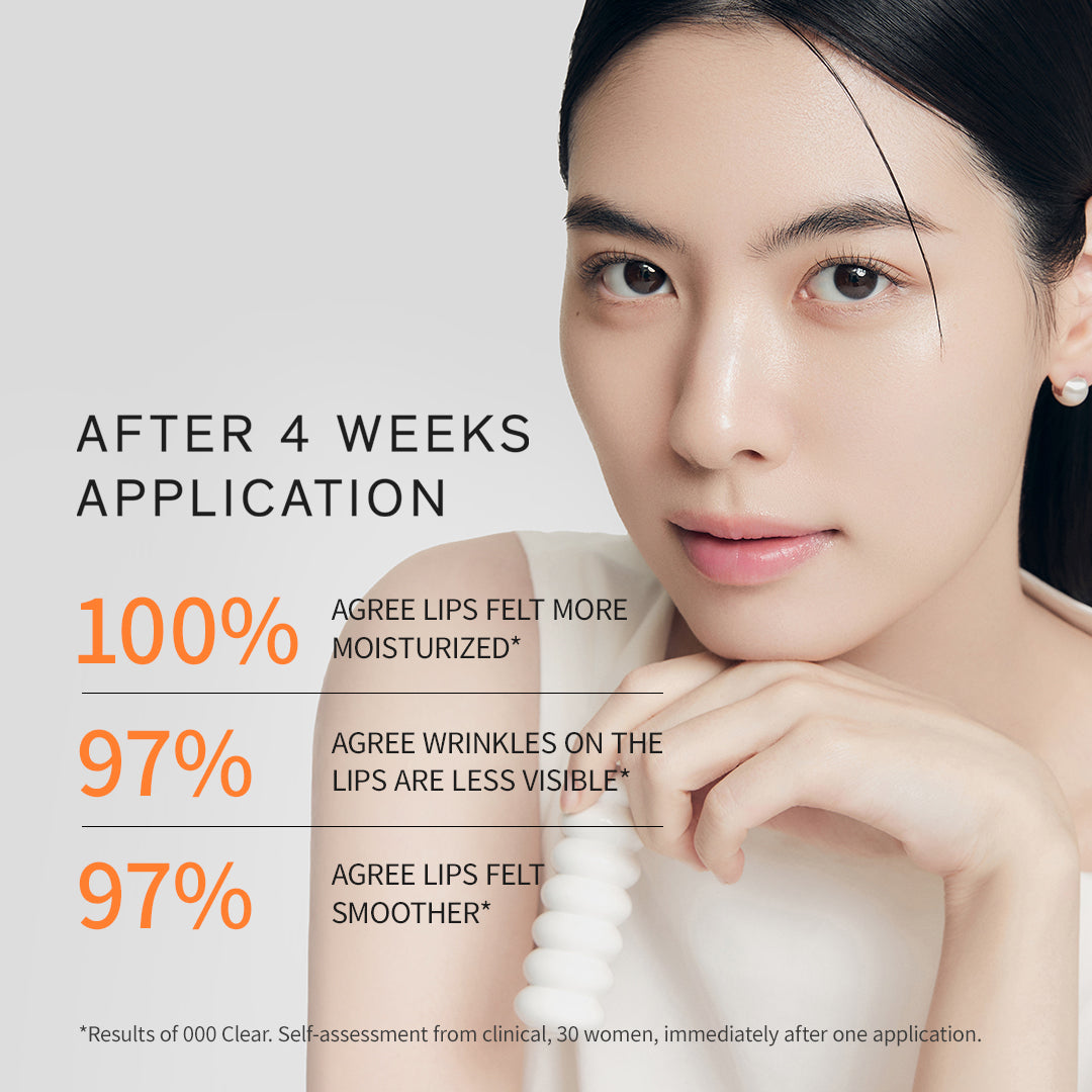 Woman with moisturized lips after 4 weeks of product application, showing text about product effects.