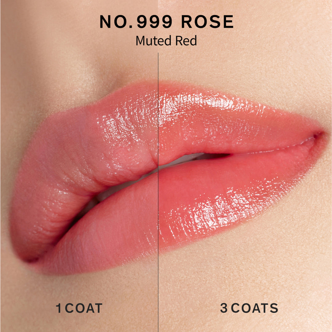 Lip swatch of one coat versus three coats of Perfecting Lip Color in shade NO.999 Rose