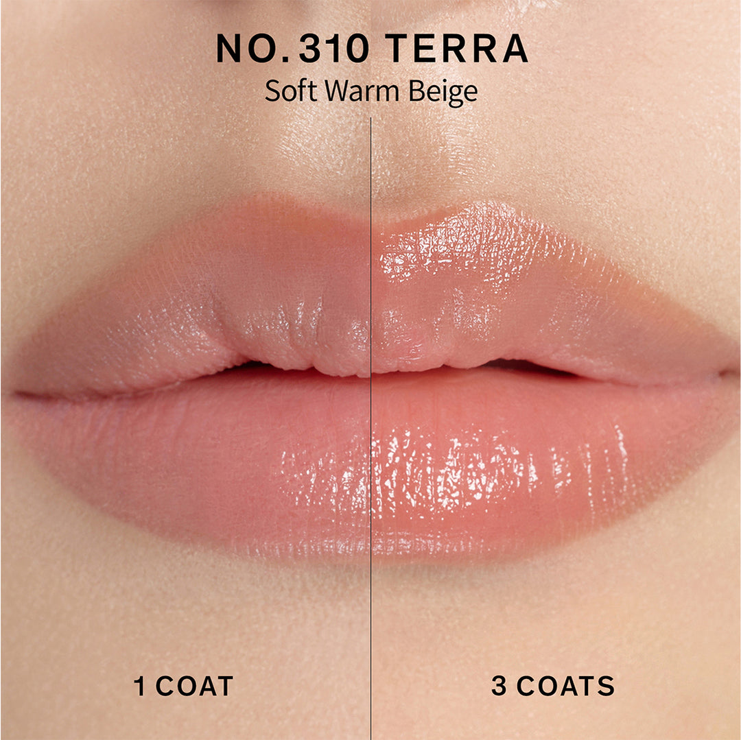 Lip swatch of one coat versus three coats of Perfecting Lip Color in shade NO.310 Terra