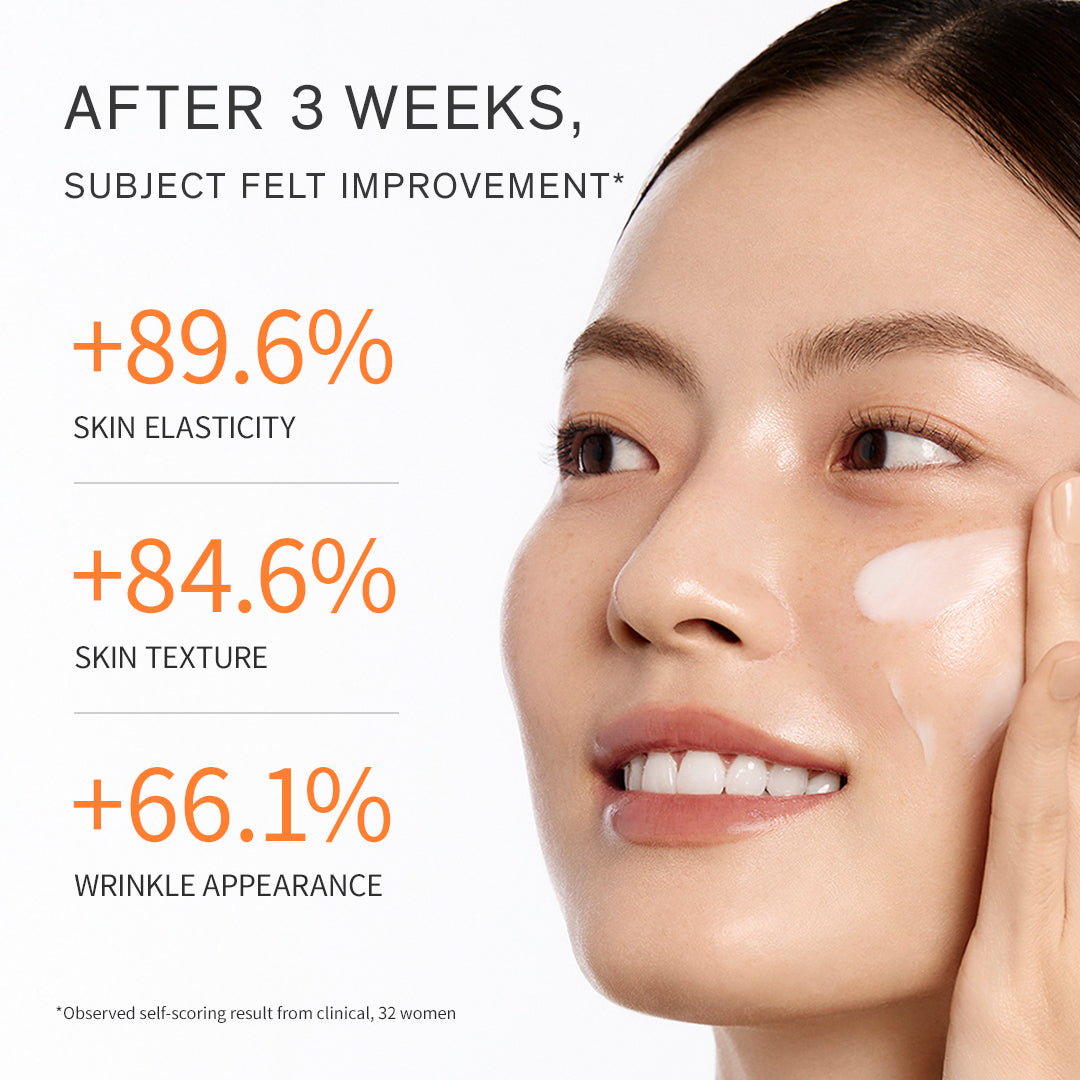 Woman applying cream to her face with skincare improvement statistics displayed.