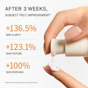 Hand applying cream with skincare improvement statistics on a white background