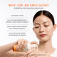 Enlarge image of Woman applying skincare emulsion with text explaining benefits on a white background