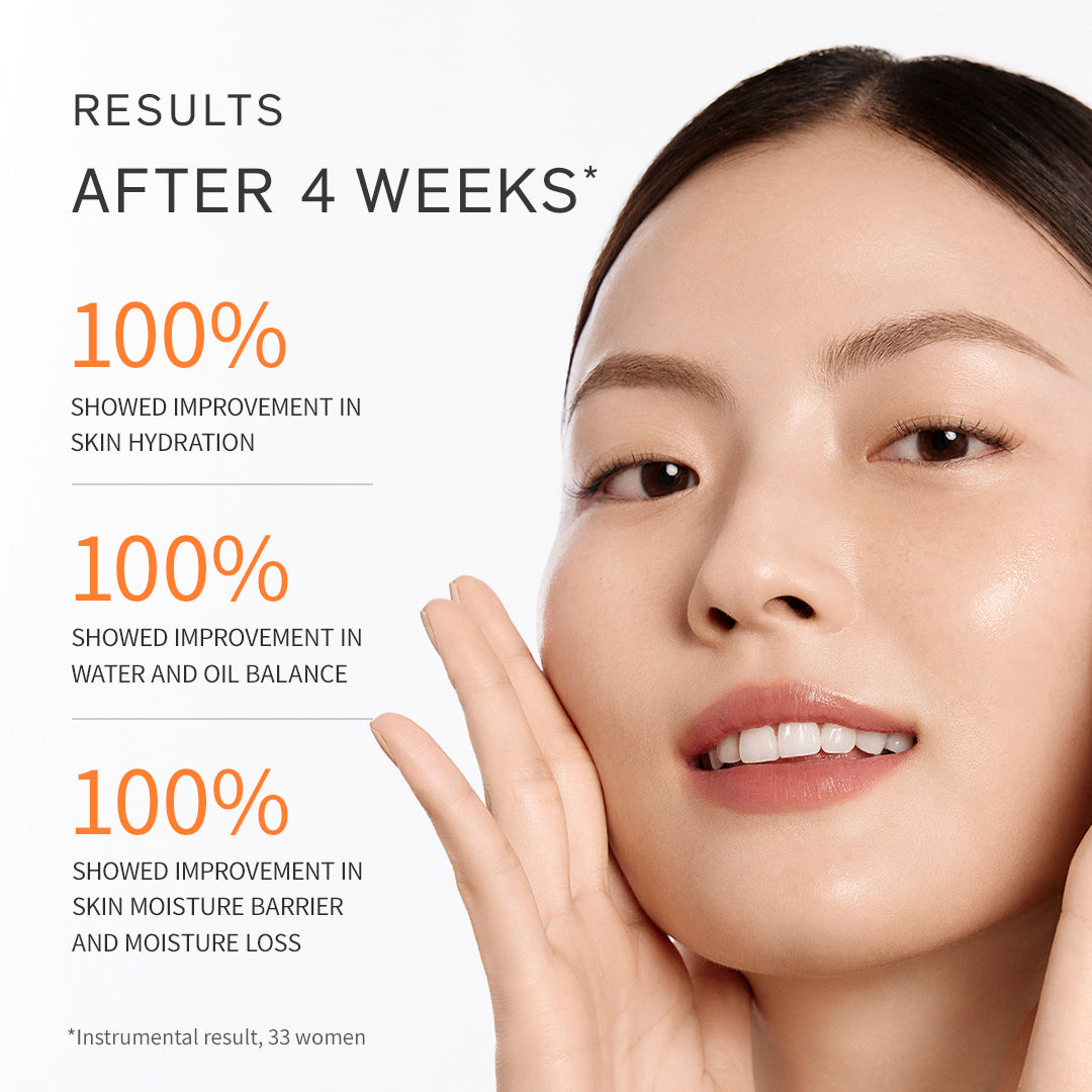 Advertisement showing a woman's face with skincare results after 4 weeks.