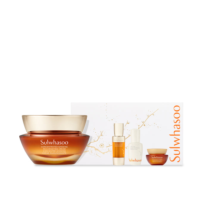 Sulwhasoo skincare set with jar, bottles, and box on a white background