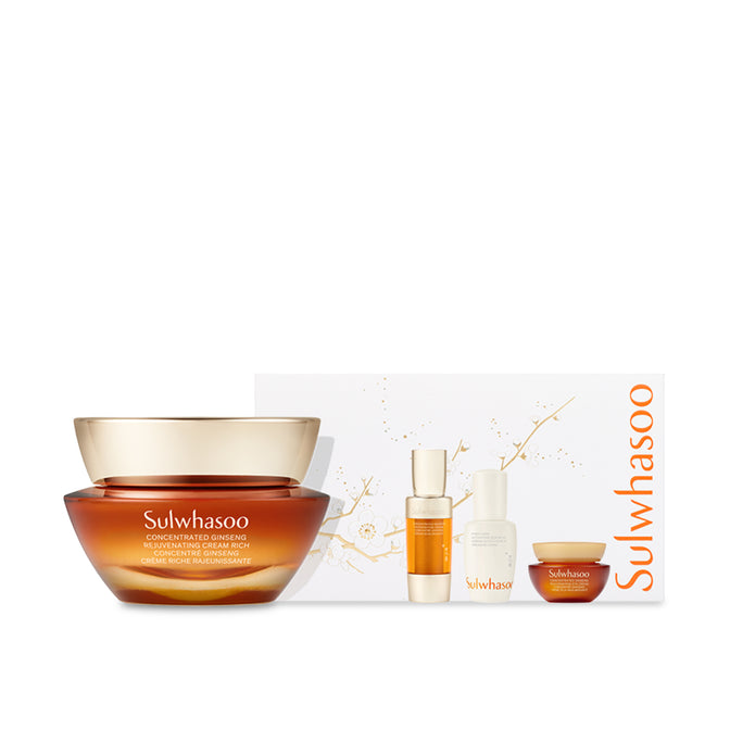 Sulwhasoo skincare set with jar, bottles, and box on a white background