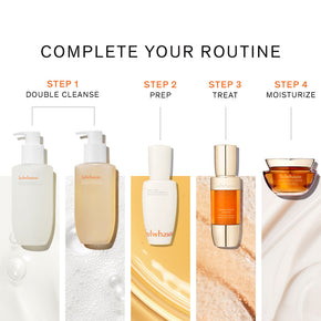 Infographic of routine to double cleanse, prep, treat, and moisturize