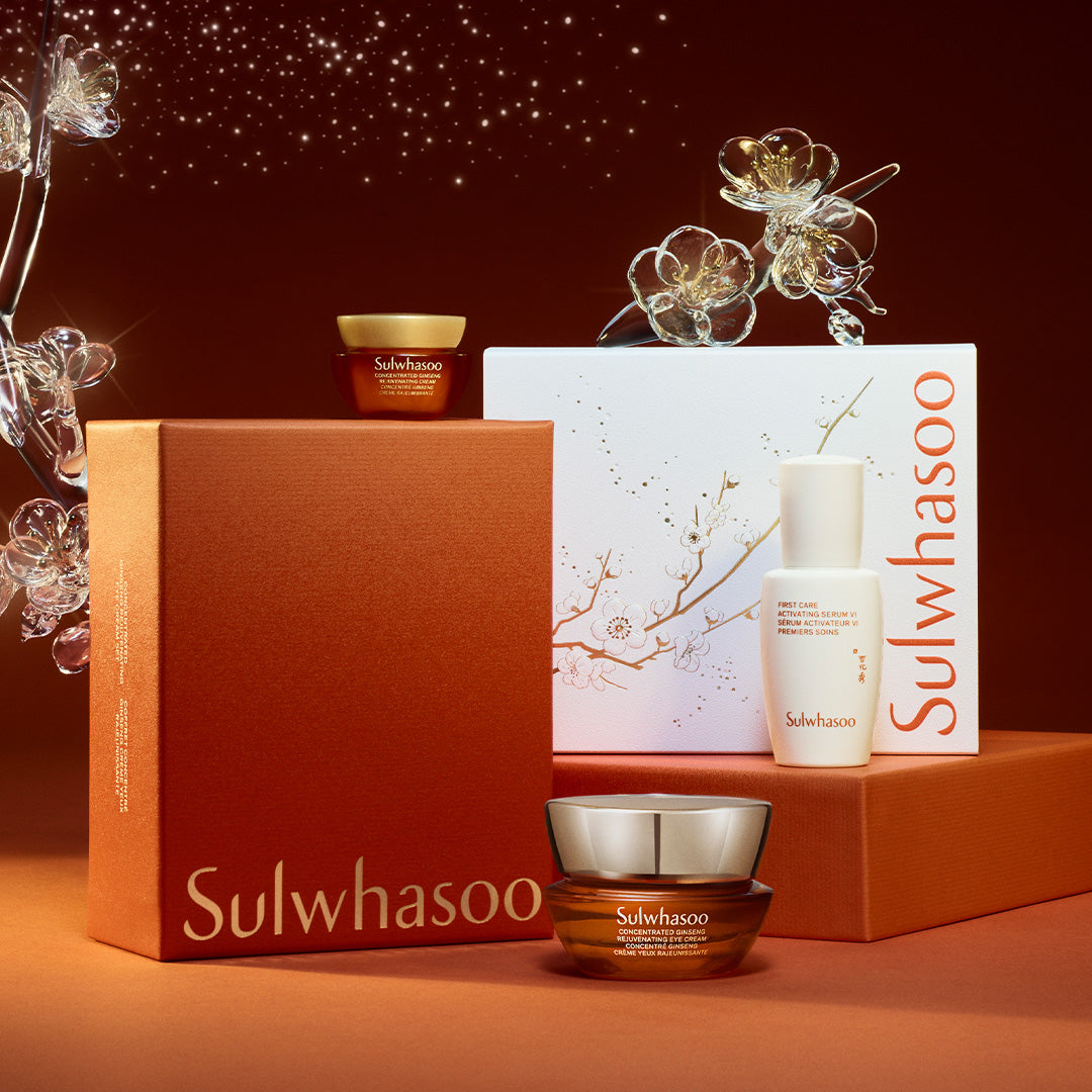 Sulwhasoo skincare products including a jar, bottle, and box on an orange background with decorative elements.
