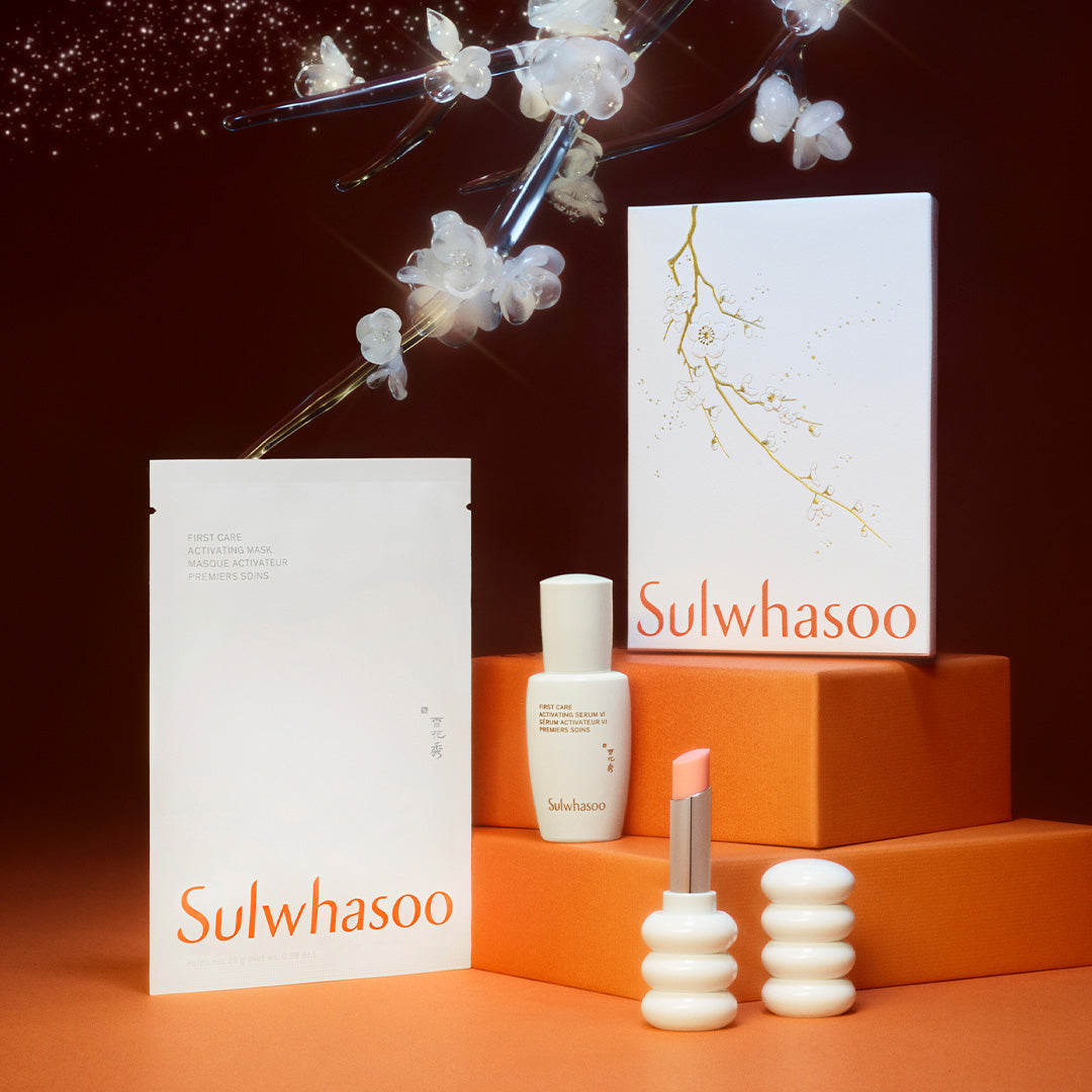 Sulwhasoo skincare products on an orange background with decorative elements