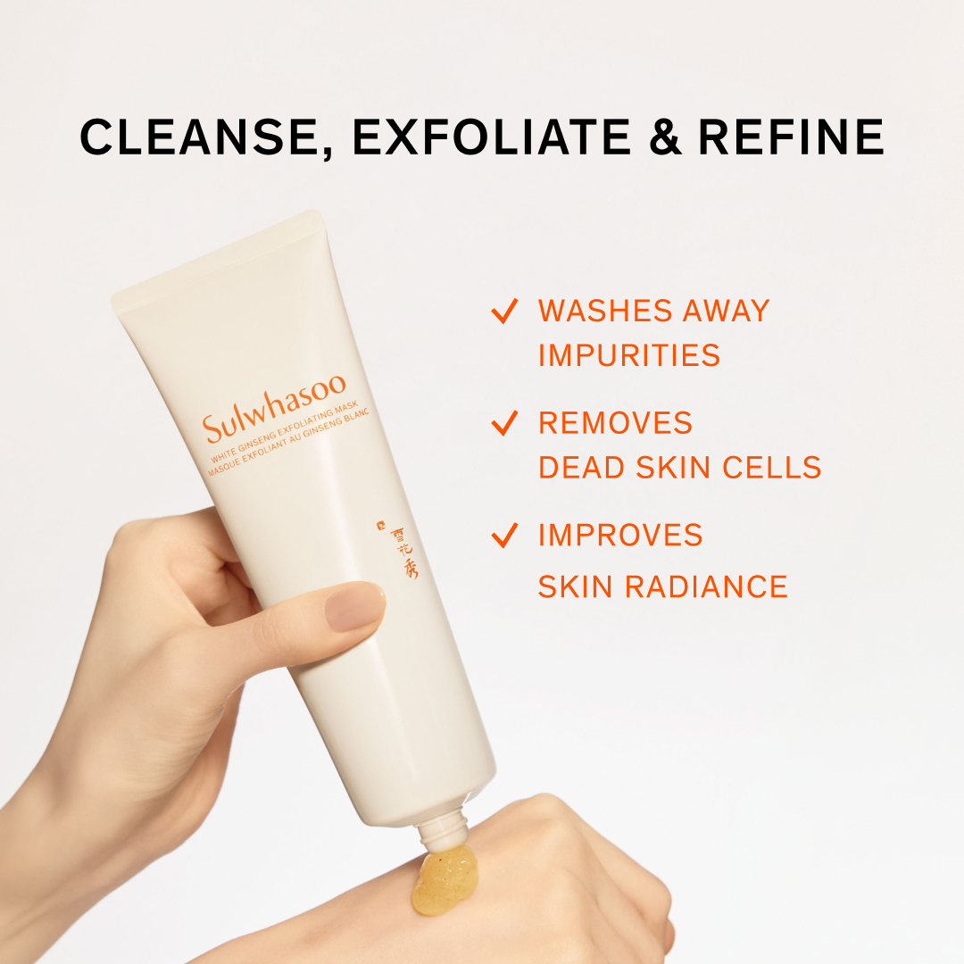 A hand holds the tube of product, with text on the top that reads "CLEANSE, EXFOLIATE & REFINE"