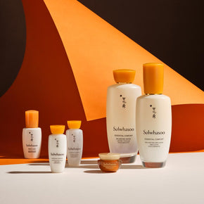 6 piece Sulwhasoo Essential Comfort Skincare Gift Set on amber background